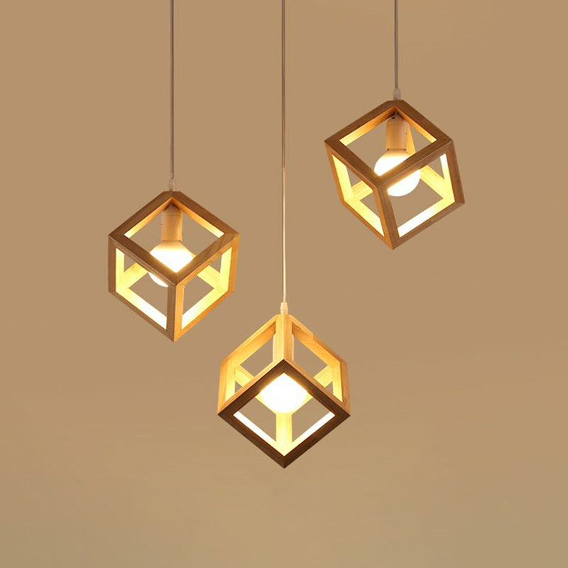 Wood Cube Cluster Pendant Light Contemporary 3-Head Suspension Light for Dining Room