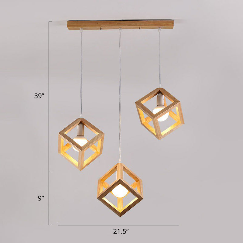 Wood Cube Cluster Pendant Light Contemporary 3-Head Suspension Light for Dining Room