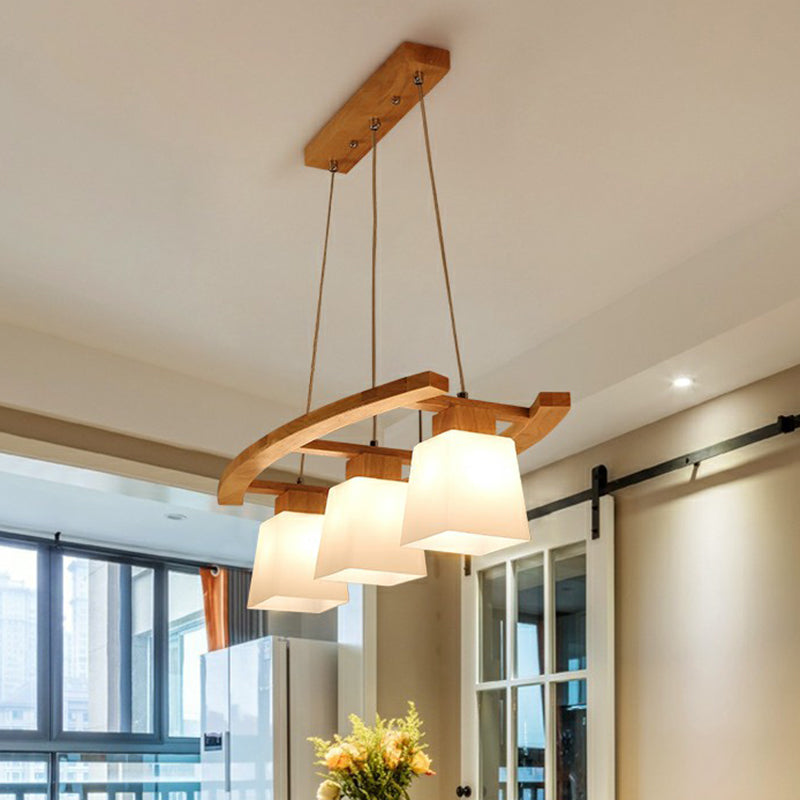 3 Lights Dining Room Ceiling Light Nordic Wood Island Pendant with Trapezoid White Glass Shade