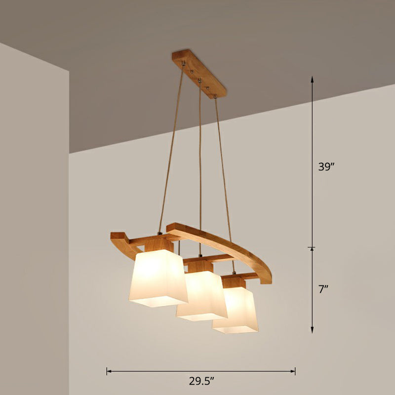 3 Lights Dining Room Ceiling Light Nordic Wood Island Pendant with Trapezoid White Glass Shade