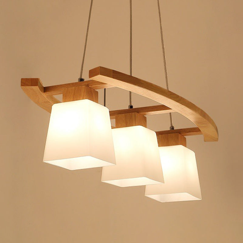 3 Lights Dining Room Ceiling Light Nordic Wood Island Pendant with Trapezoid White Glass Shade