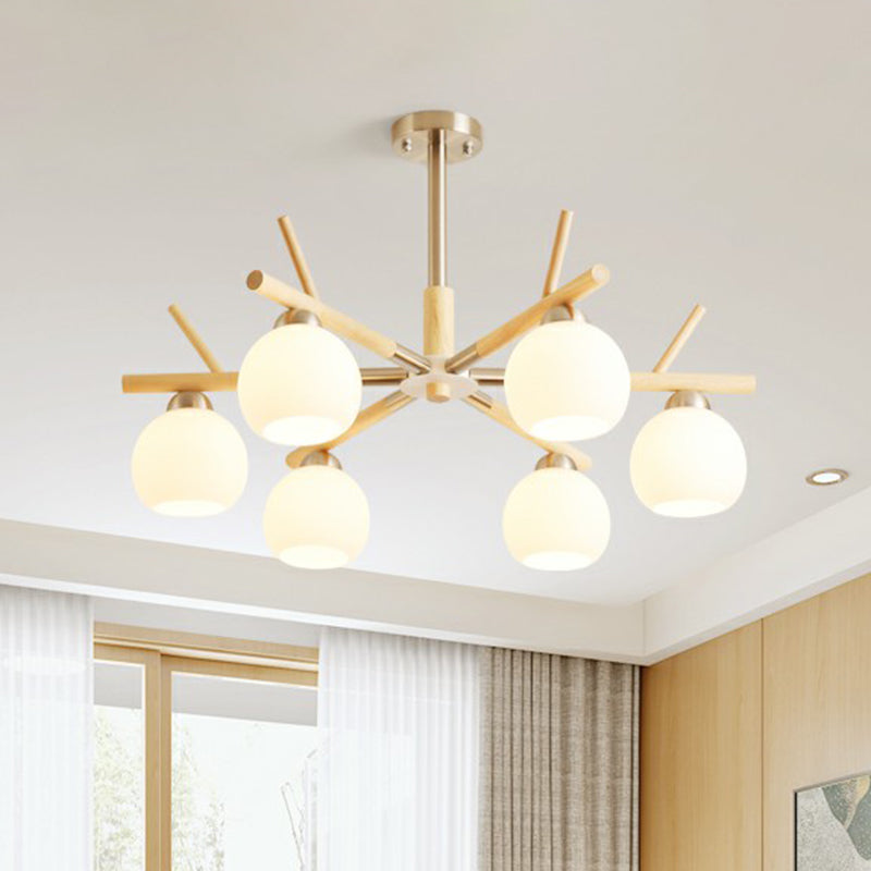 Dome Ceiling Chandelier Minimalist White Glass Living Room Hanging Light with Wood Twig Deco