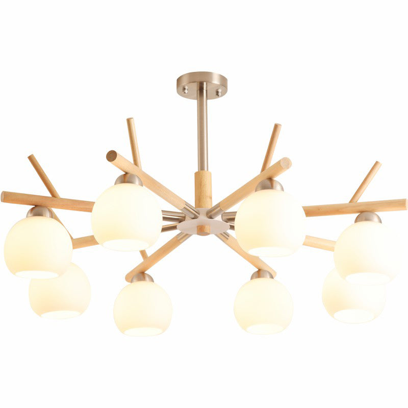 Dome Ceiling Chandelier Minimalist White Glass Living Room Hanging Light with Wood Twig Deco