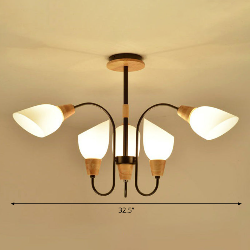 Tulip Flower Restaurant Chandelier Cream Glass Nordic Style Pendant Light in Black and Wood