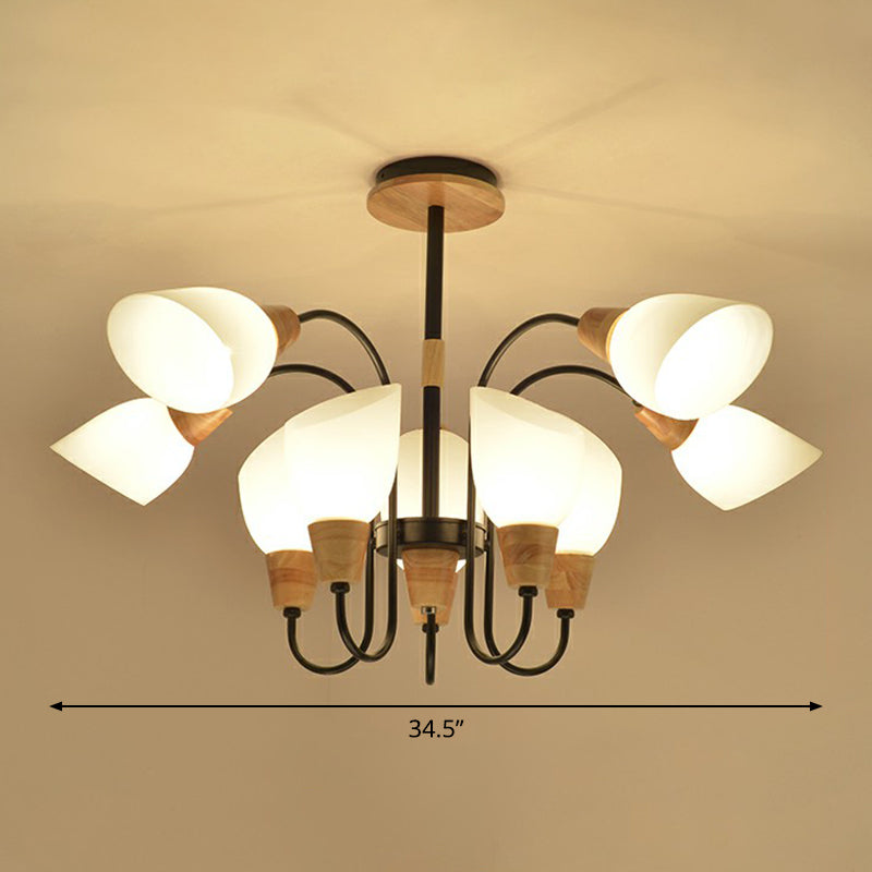Tulip Flower Restaurant Chandelier Cream Glass Nordic Style Pendant Light in Black and Wood