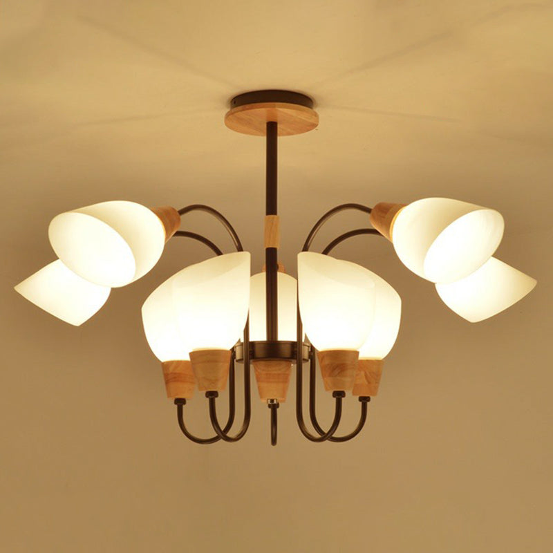 Tulip Flower Restaurant Chandelier Cream Glass Nordic Style Pendant Light in Black and Wood