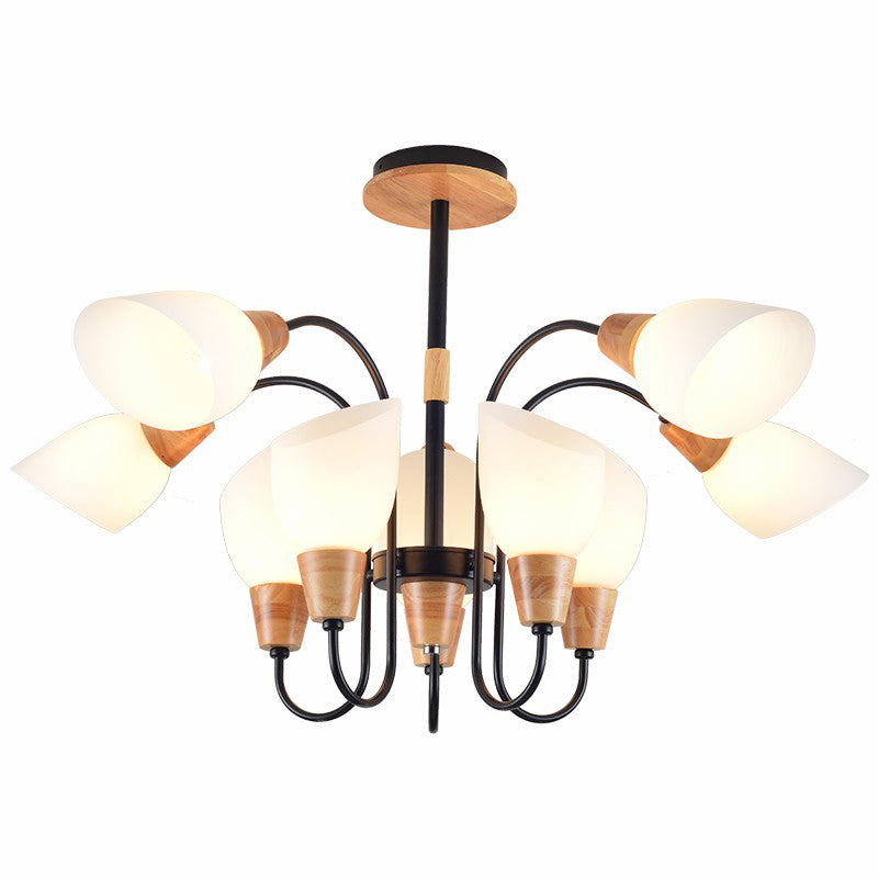 Tulip Flower Restaurant Chandelier Cream Glass Nordic Style Pendant Light in Black and Wood