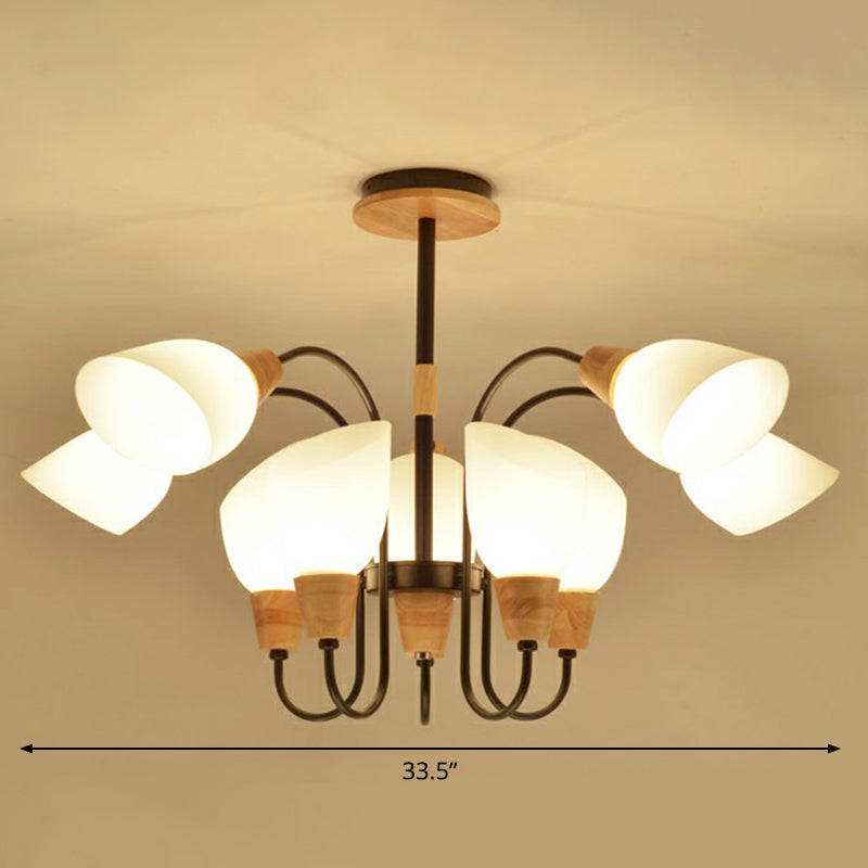 Tulip Flower Restaurant Chandelier Cream Glass Nordic Style Pendant Light in Black and Wood