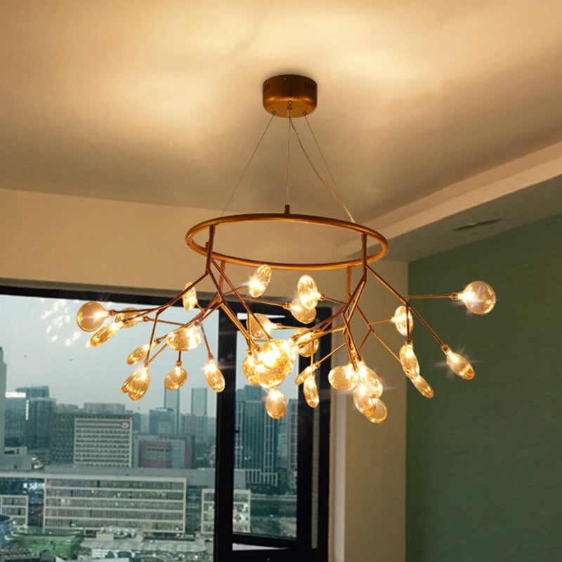 Postmodern Twig Hanging Light Fixture Glass Bedroom Ceiling Chandelier with Metal Ring