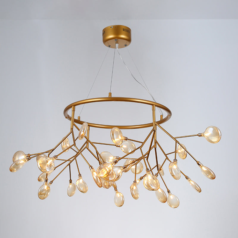 Postmodern Twig Hanging Light Fixture Glass Bedroom Ceiling Chandelier with Metal Ring