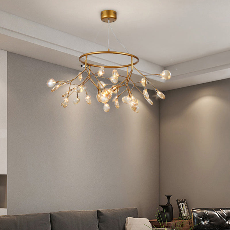 Postmodern Twig Hanging Light Fixture Glass Bedroom Ceiling Chandelier with Metal Ring