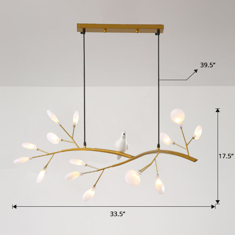 Tree Branch Island Light Postmodern Metal 15-Head Restaurant Hanging Lamp with Bird Decoration