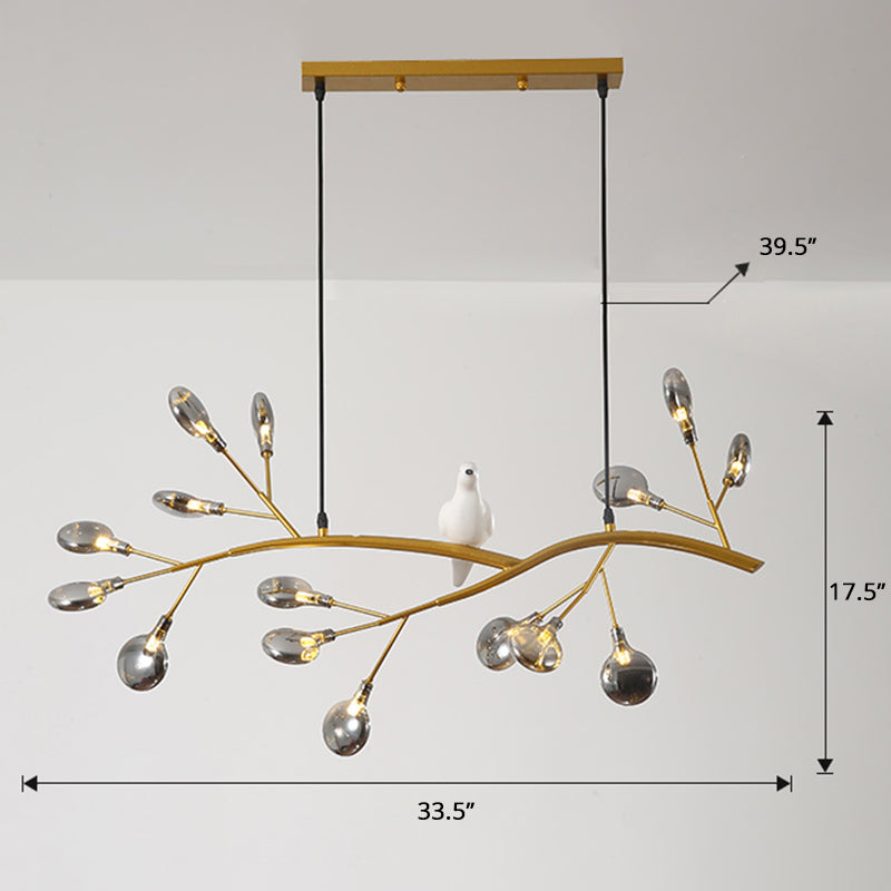 Tree Branch Island Light Postmodern Metal 15-Head Restaurant Hanging Lamp with Bird Decoration