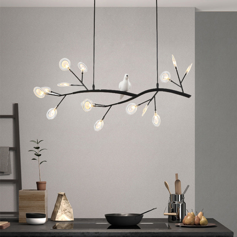 Tree Branch Island Light Postmodern Metal 15-Head Restaurant Hanging Lamp with Bird Decoration