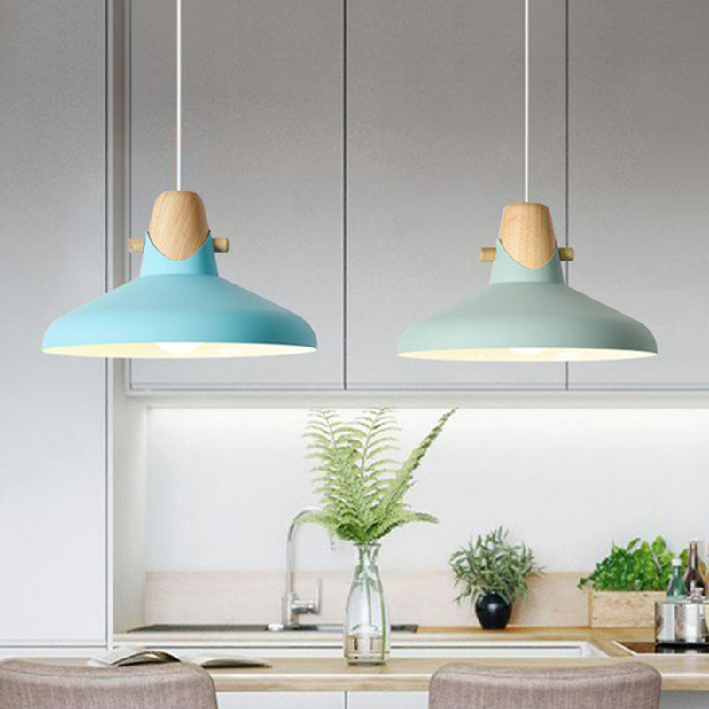 Restaurant effilé Plafond Light Metal Metal 1 Bulbe Macaron Pendant Lumière avec décor en bois