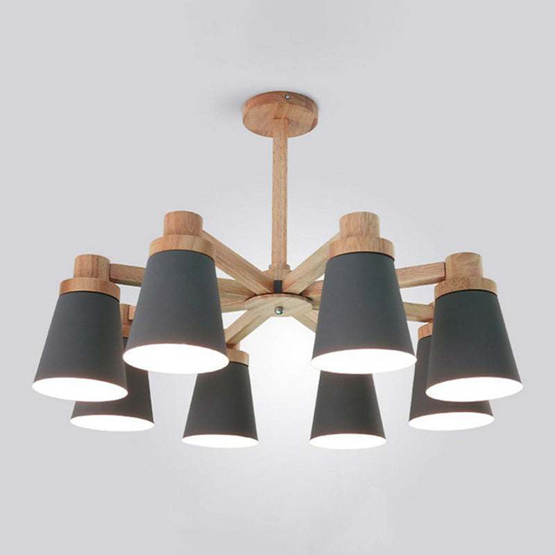Conical Suspension Light Fixture Nordic Iron Chandelier Lighting with Wooden Arm for Living Room