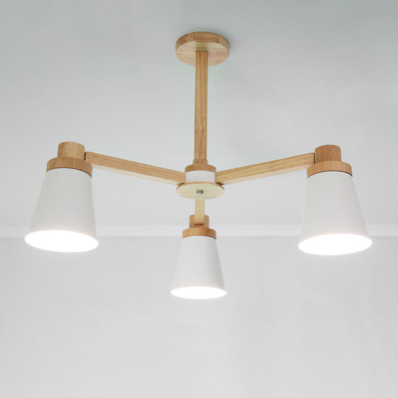 Conical Suspension Light Fixture Nordic Iron Chandelier Lighting with Wooden Arm for Living Room