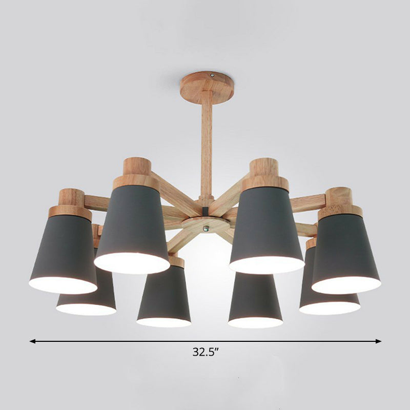 Conical Suspension Light Fixture Nordic Iron Chandelier Lighting with Wooden Arm for Living Room