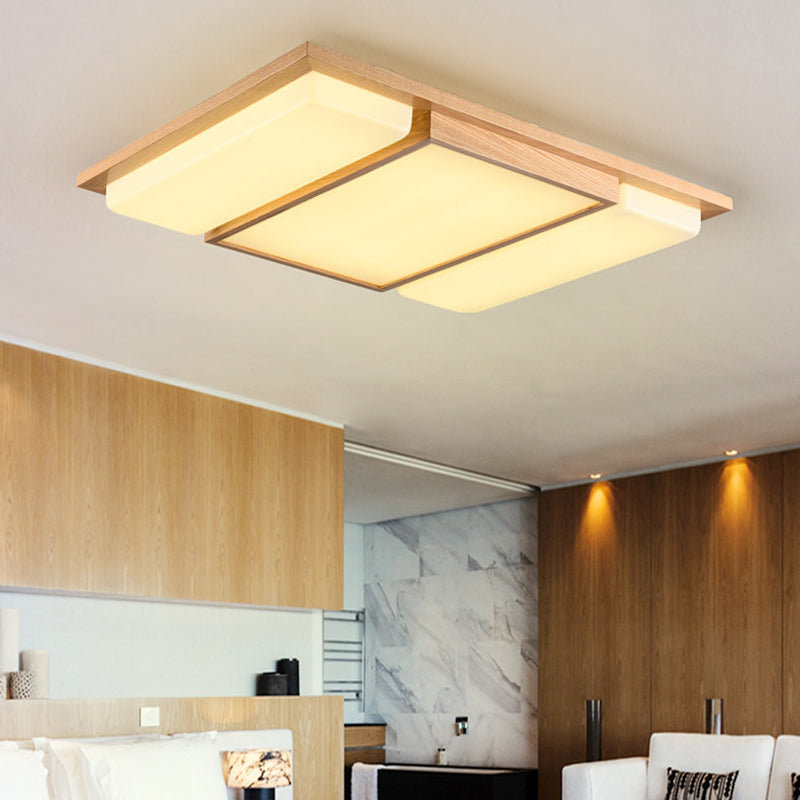 Rectangle Living Room Ceiling Lamp Ash Wood Minimalist LED Flush Mount Lighting