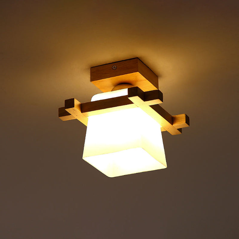 1-Light Balcony Flushmount Ceiling Lamp Simple Wood Semi Flush Light with Trapezoid Hand-Blown Milk Glass Shade