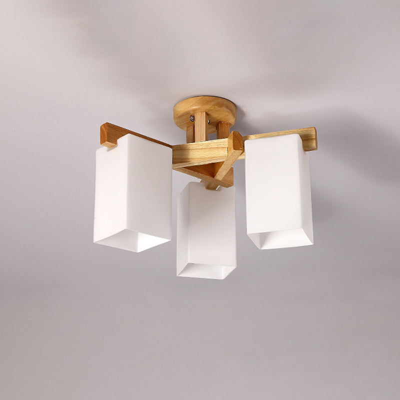 Rectangle White Glass Semi Flush Chandelier Modern Wood Close to Ceiling Light for Living Room
