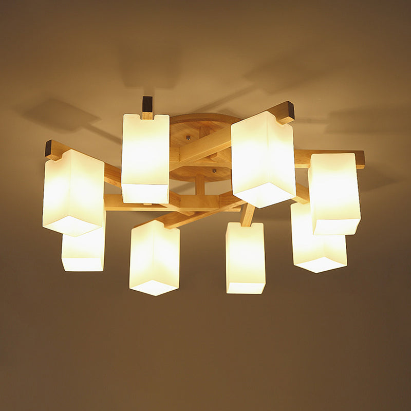 Rectangle White Glass Semi Flush Chandelier Modern Wood Close to Ceiling Light for Living Room