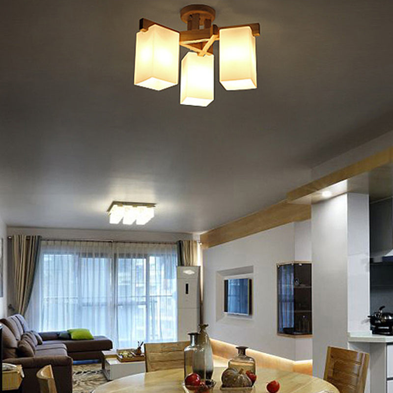 Rectangle White Glass Semi Flush Chandelier Modern Wood Close to Ceiling Light for Living Room