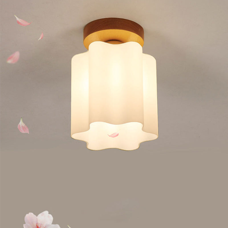 Melkachtige Glas Prisma Floral Plafond Flush Licht Minimalisme 1 Bulb Houten Flushmount Licht voor Corridor