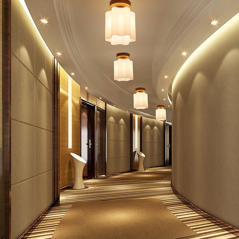 Melkachtige Glas Prisma Floral Plafond Flush Licht Minimalisme 1 Bulb Houten Flushmount Licht voor Corridor