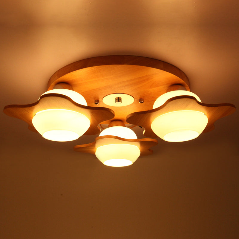 Flower Ceiling Light Fixture Modern Ivory Glass 3-Head Bedroom Flush Mounted Light in Wood
