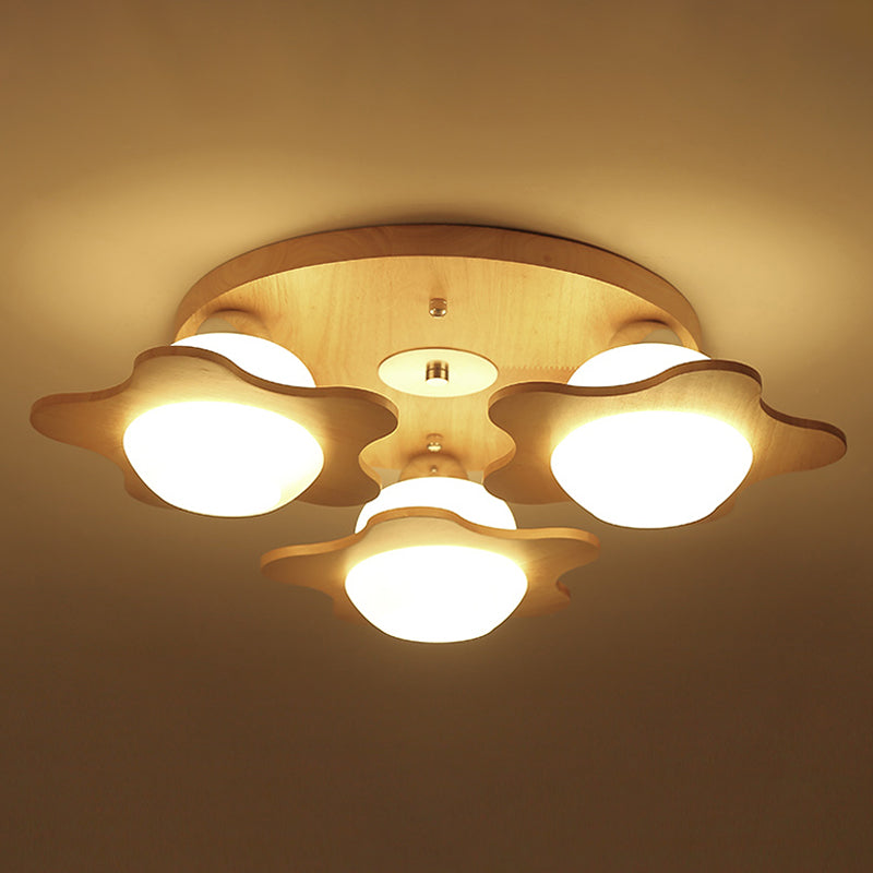 Flower Ceiling Light Fixture Modern Ivory Glass 3-Head Bedroom Flush Mounted Light in Wood
