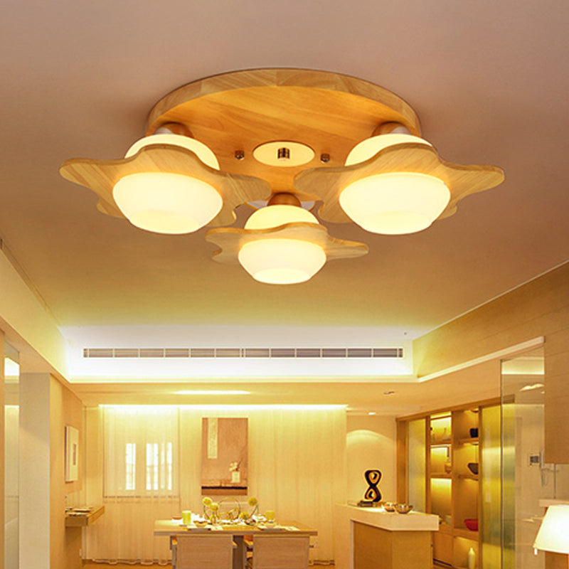 Flower Ceiling Light Fixture Modern Ivory Glass 3-Head Bedroom Flush Mounted Light in Wood