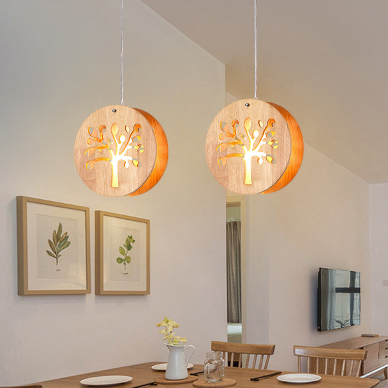 Hollowed-out Wooden Multi Pendant Light Minimalist 3-Bulb Beige Hanging Light for Dining Room