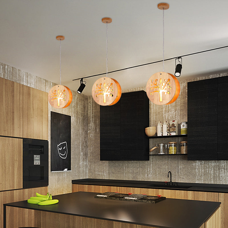 Hollowed-out Wooden Multi Pendant Light Minimalist 3-Bulb Beige Hanging Light for Dining Room