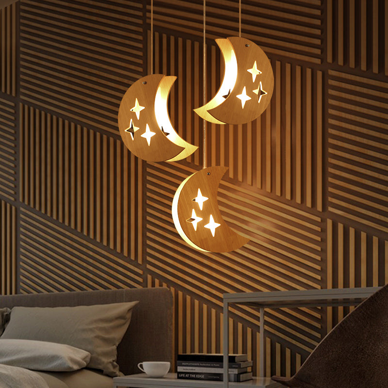 Hollowed-out Wooden Multi Pendant Light Minimalist 3-Bulb Beige Hanging Light for Dining Room