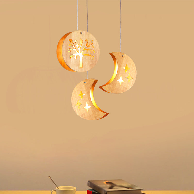 Hollowed-out Wooden Multi Pendant Light Minimalist 3-Bulb Beige Hanging Light for Dining Room