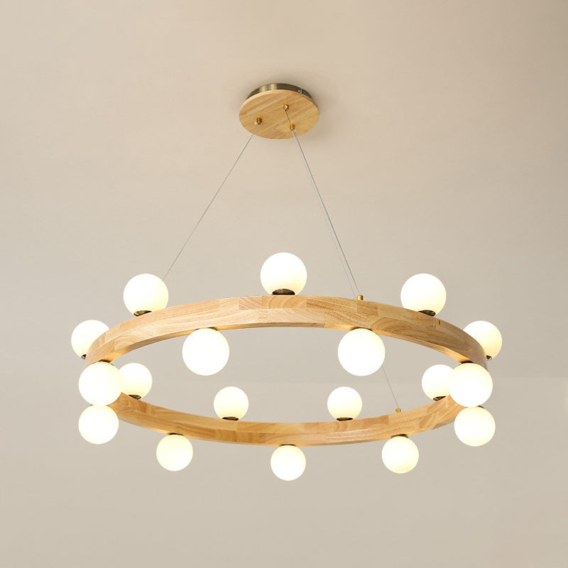Wooden Circular Chandelier Minimalistic LED Pendant Light with Orb Opal Glass Shade