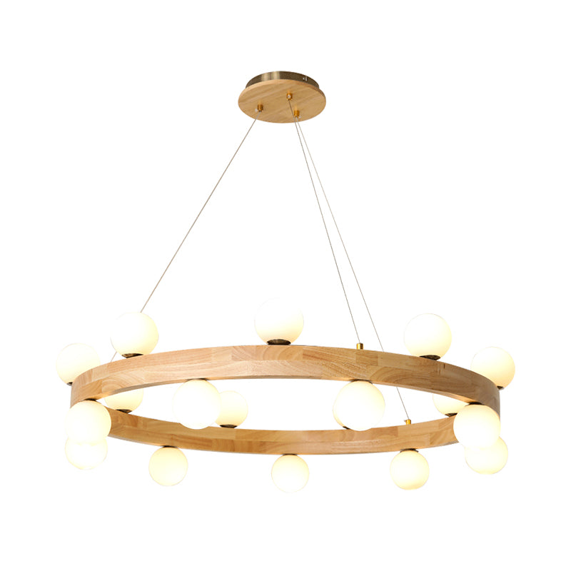 Wooden Circular Chandelier Minimalistic LED Pendant Light with Orb Opal Glass Shade