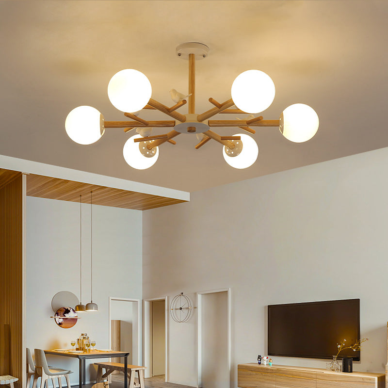 Ball Chandelier Lighting Nordic Cream Glass Living Room Hanging Light in Wood with Bird Decor