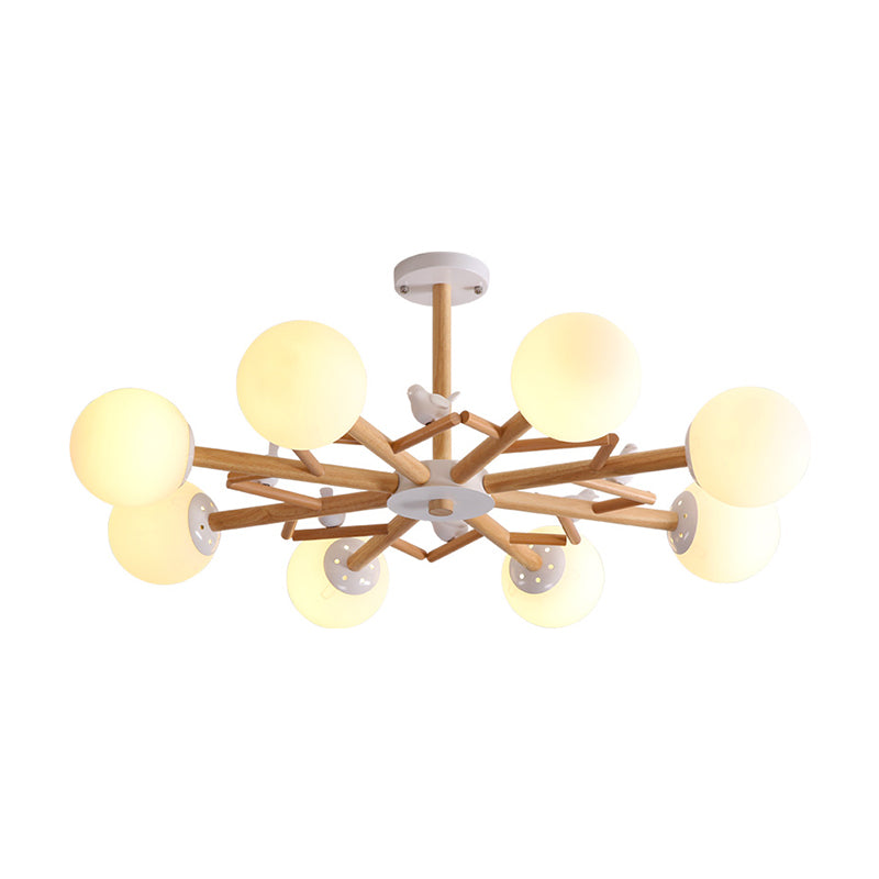 Ball Chandelier Lighting Nordic Cream Glass Living Room Hanging Light in Wood with Bird Decor
