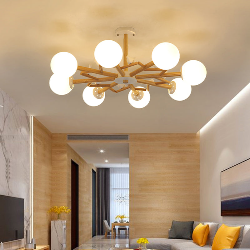 Ball Chandelier Lighting Nordic Cream Glass Living Room Hanging Light in Wood with Bird Decor