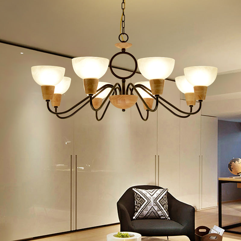 Opal Frosted Glass Bowl Up Chandelier Nordic Wood and Black Ceiling Light for Bedroom