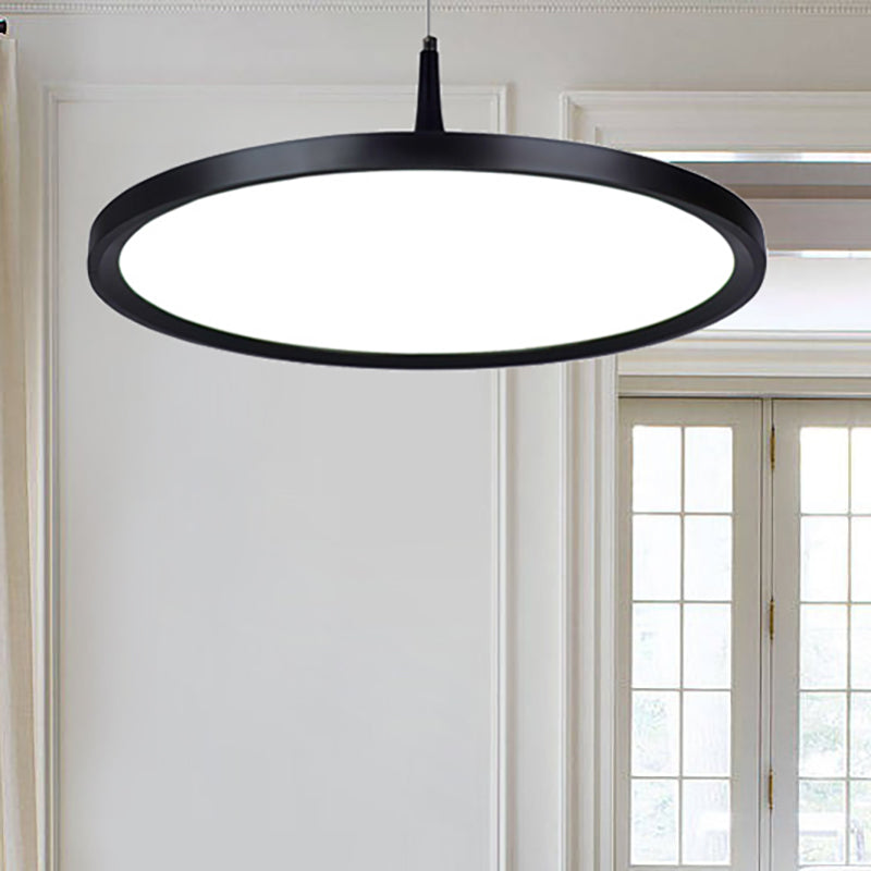 Led Office Pendant Lamp with Plate Metal Shade Simplicity White/Black Ceiling Light Fixture in White/Warm Light, 12"/16"/19.5" Wide