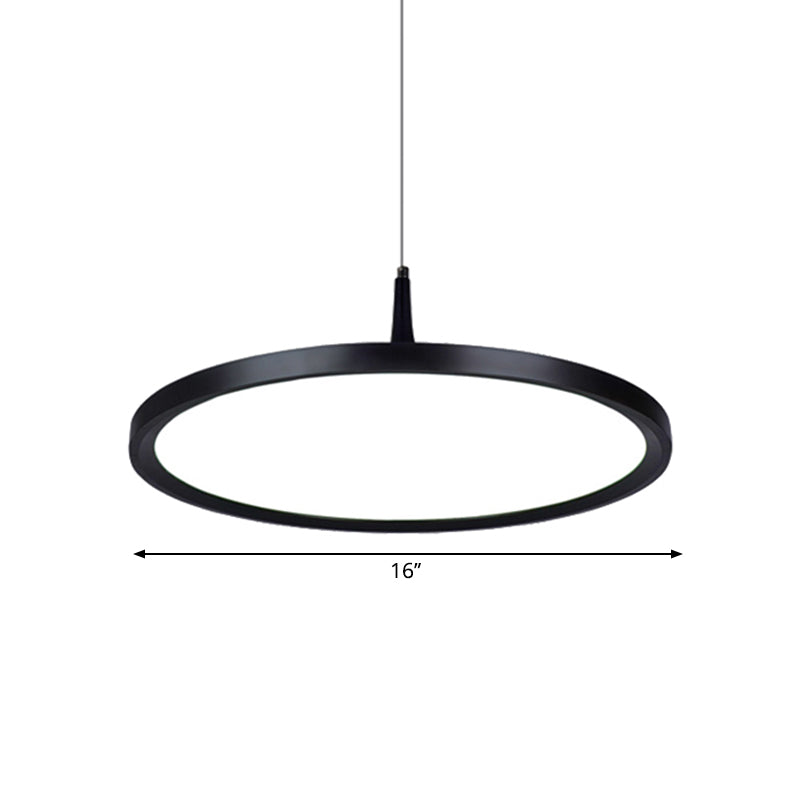 Led Office Pendant Lamp with Plate Metal Shade Simplicity White/Black Ceiling Light Fixture in White/Warm Light, 12"/16"/19.5" Wide