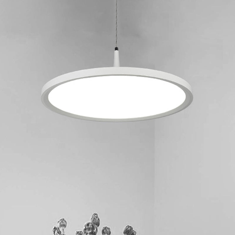 Led Office Pendant Lamp with Plate Metal Shade Simplicity White/Black Ceiling Light Fixture in White/Warm Light, 12"/16"/19.5" Wide