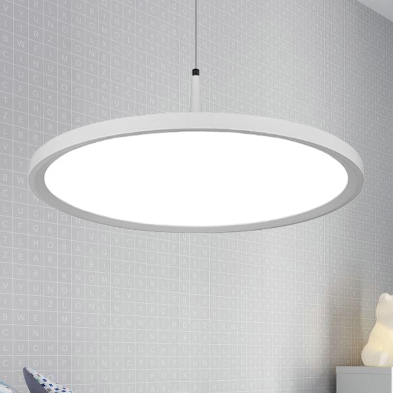 Led Office Pendant Lamp with Plate Metal Shade Simplicity White/Black Ceiling Light Fixture in White/Warm Light, 12"/16"/19.5" Wide