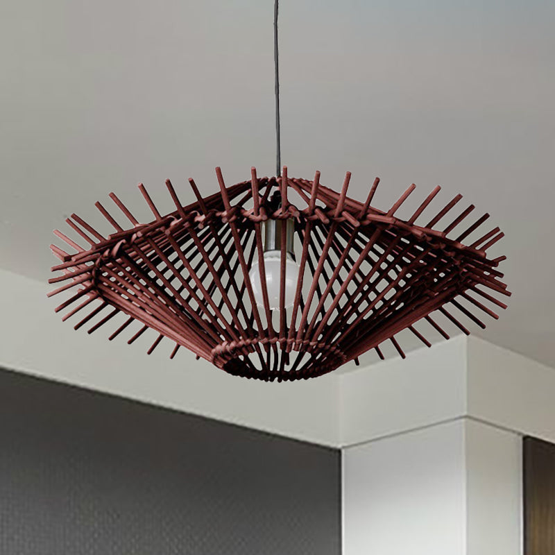 Beige/Brown Disc Pendant Light Rustic Single Bulb Bamboo Hanging Light Fixture for Restaurant Living Room