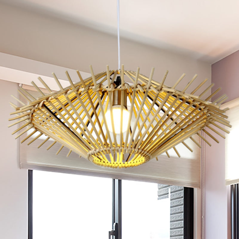 Beige/Brown Disc Pendant Light Rustic Single Bulb Bamboo Hanging Light Fixture for Restaurant Living Room