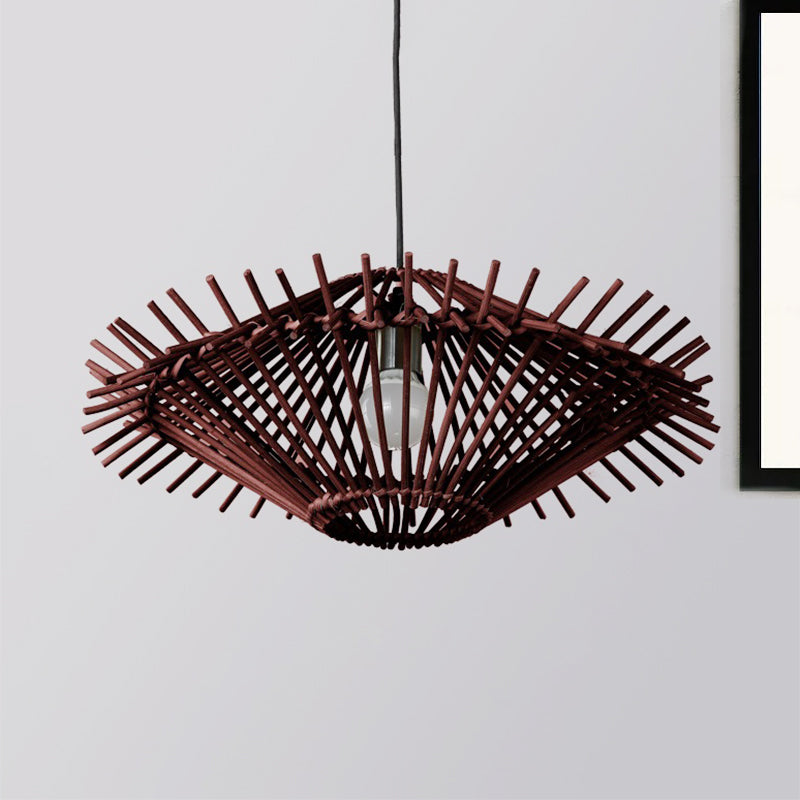 Beige/Brown Disc Pendant Light Rustic Single Bulb Bamboo Hanging Light Fixture for Restaurant Living Room