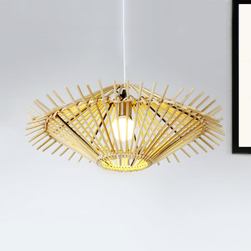 Beige/Brown Disc Pendant Light Rustic Single Bulb Bamboo Hanging Light Fixture for Restaurant Living Room